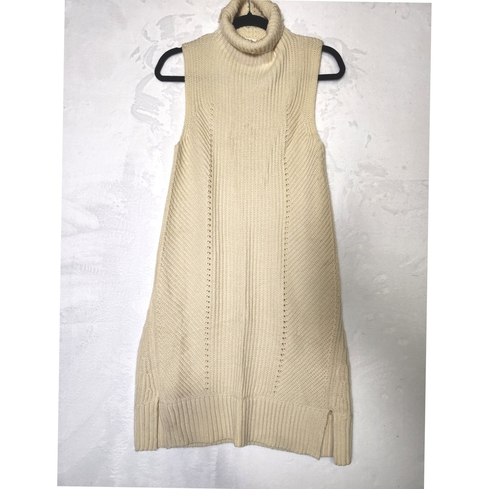 Sleeveless Turtleneck Sweater Dress Cream Knit Midi Side Slits - S